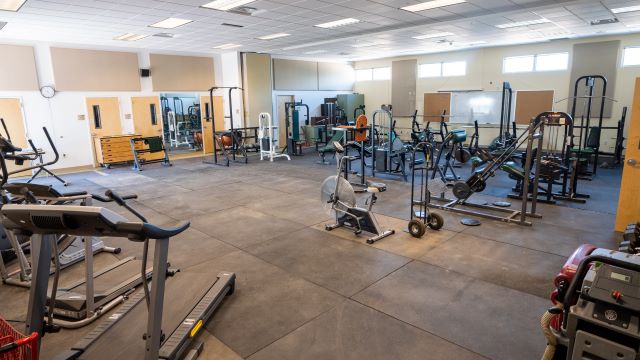 fitness area with weights, treadmills and various exercise equipment