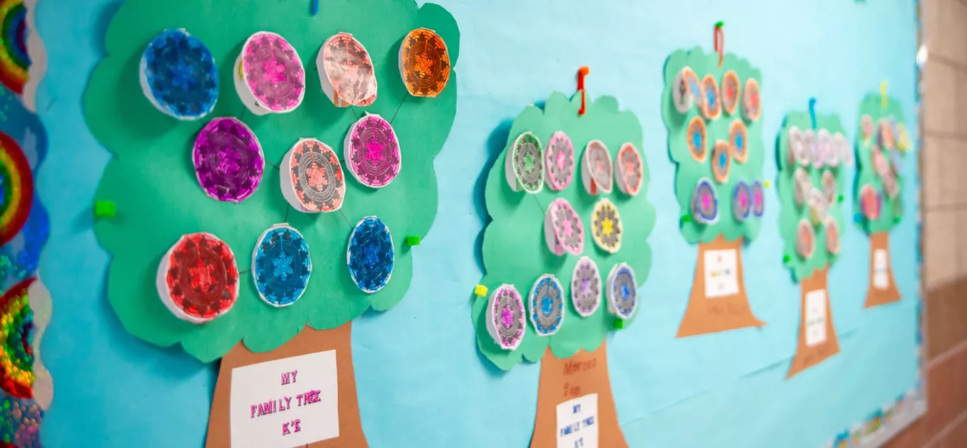 Wingate Elementary School Students Display Their Family Tree Projects on a Bulletin Board.