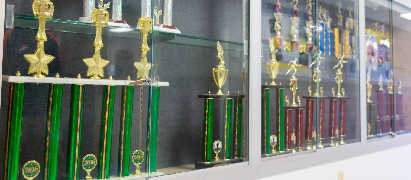 Wingate Elementary School Large Group of Colorful Sports Trophies Behind Glass Case.
