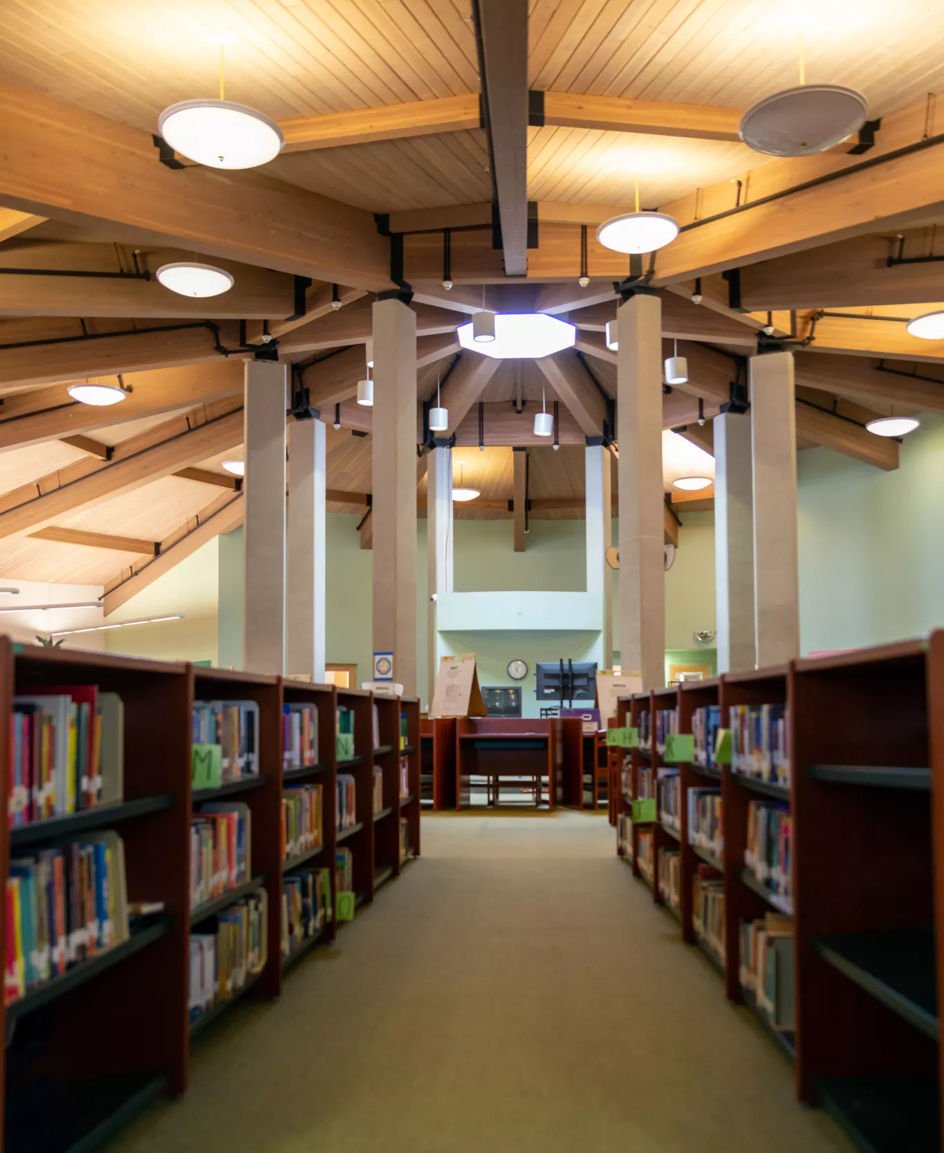 Shelves of Books in the Wingate Elementary School Library Featuring Modern Architecture.
