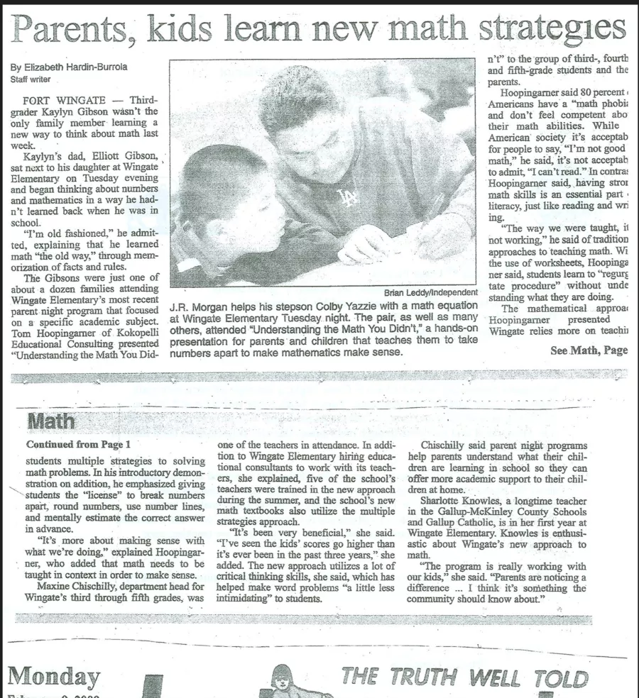 Newspaper clipping with title Parents, kids learn new math strategies
