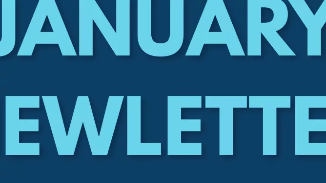 Blue Text "January Newsletter" surrounded by blue tree leaves and snow