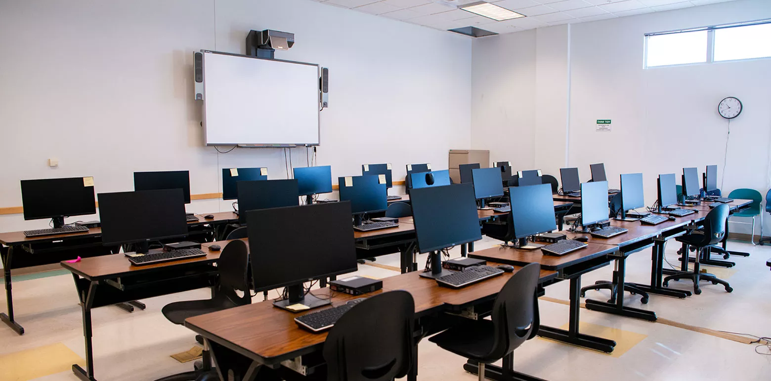 Classroom with computers at every seat. 