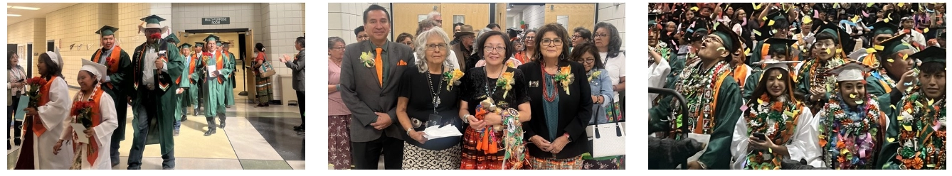 Collage of photos featuring graduates in caps and gowns celebrating with faculty members during a commencement ceremony