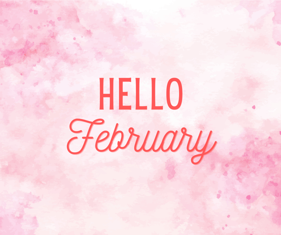 "Hello February" written across a pink marble background